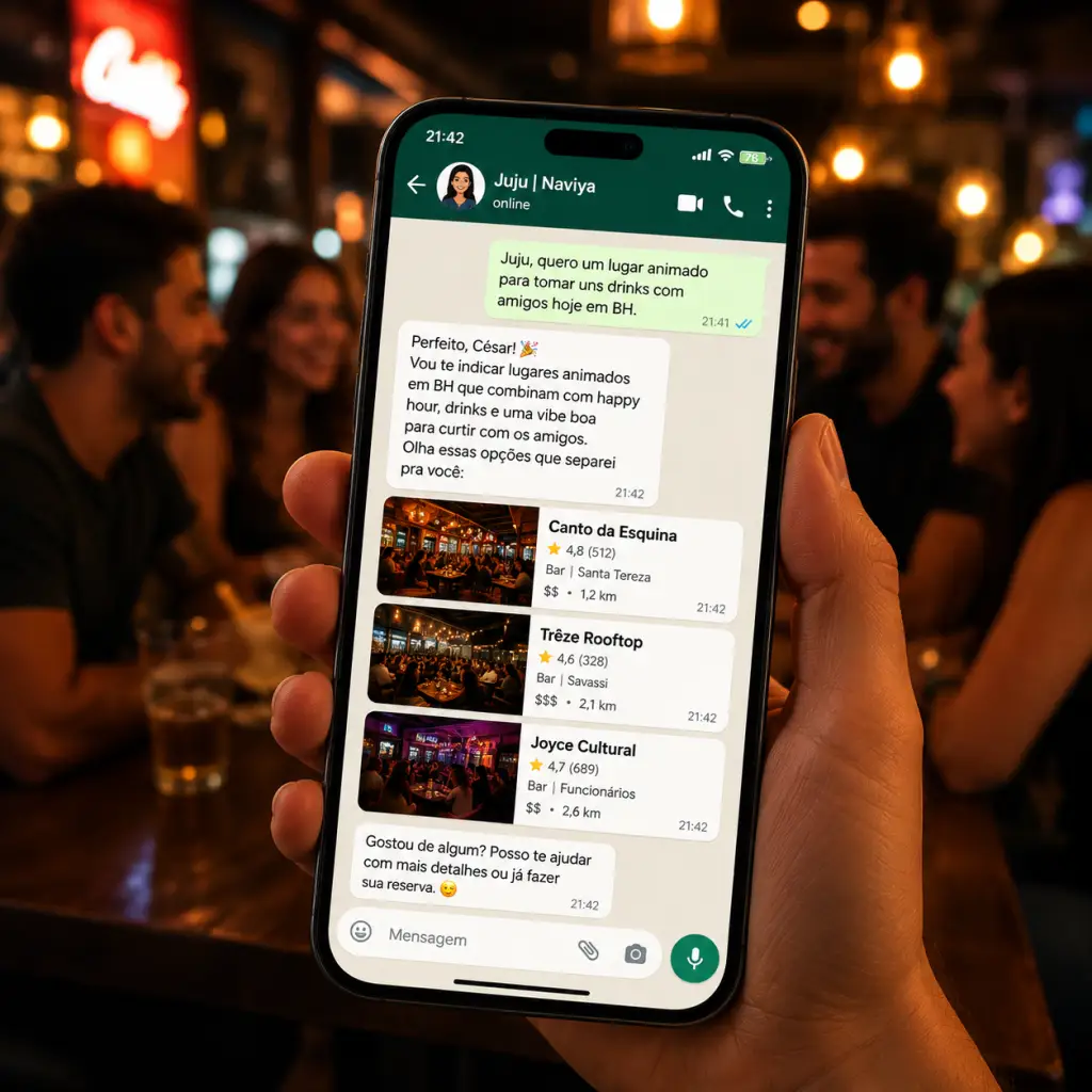 smartphone moderno mostrando chat do WhatsApp com recomendações de restaurantes, interface colorida, jovens ao fundo em bar moderno