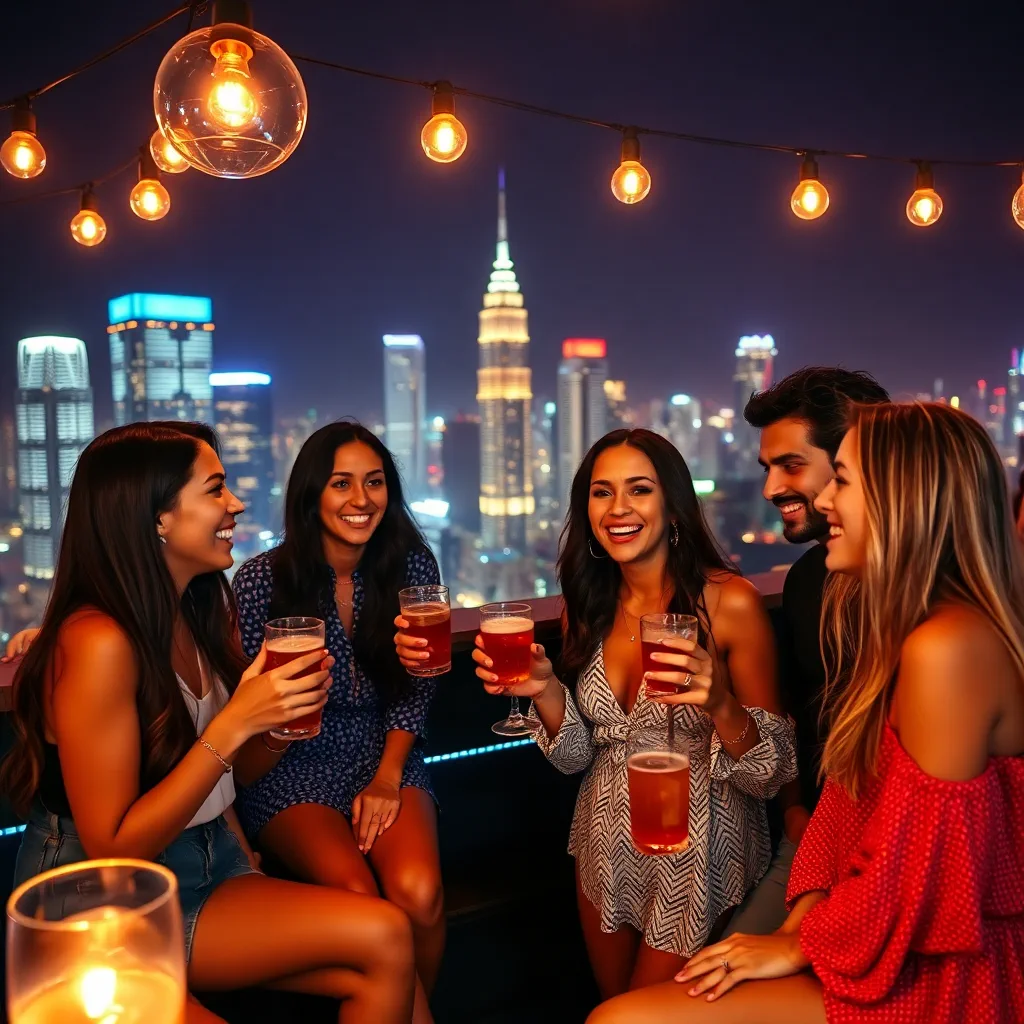 grupo de jovens amigos em bar moderno no terraço, luzes da cidade, rindo e bebendo, atmosfera moderna